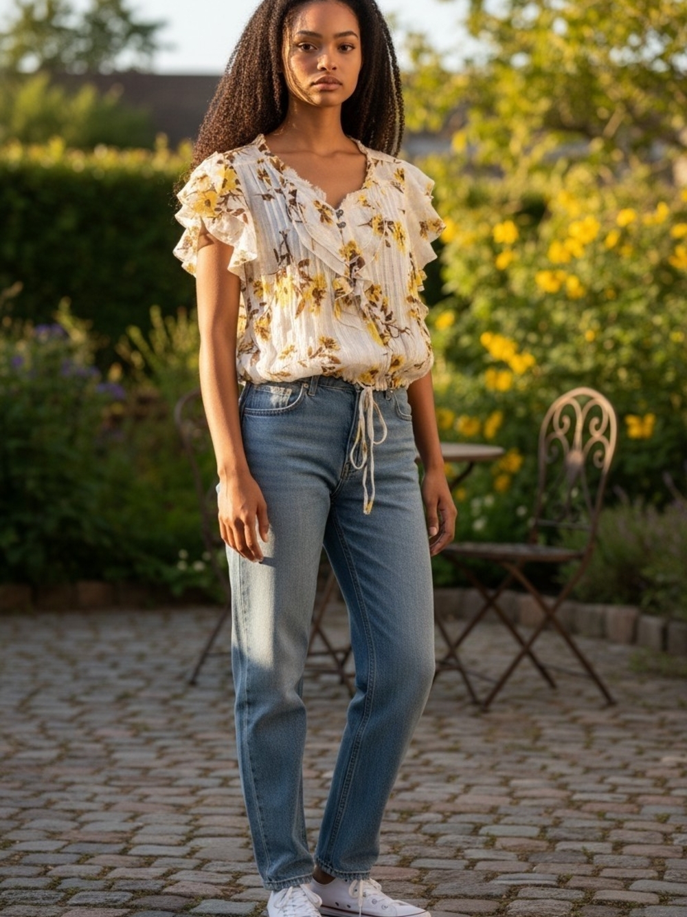 Free People Floral Ruffle Sleeve Drawstring Blouse - Yellow & Cream